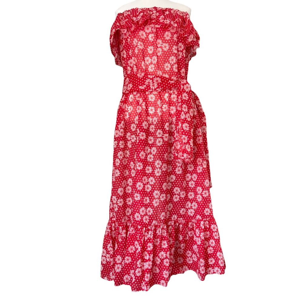 Lisa Marie Fernandez Red Off-Shoulder Floral Dot Midi Dress Ruffle Cotton Medium